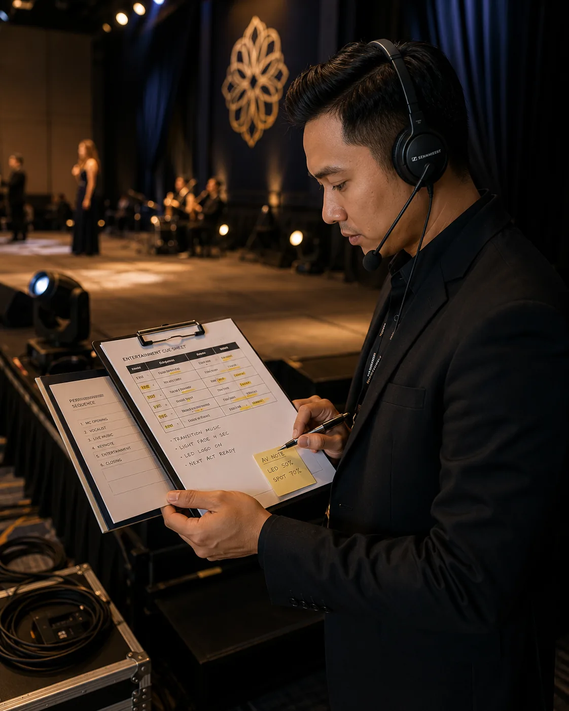 Representative visual of an event coordinator reviewing entertainment cue sheets near a stage.