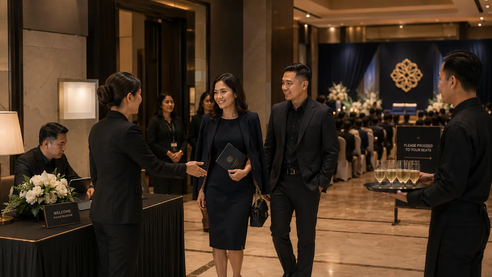 Representative visual of guests arriving at a formal special event reception with hospitality support.