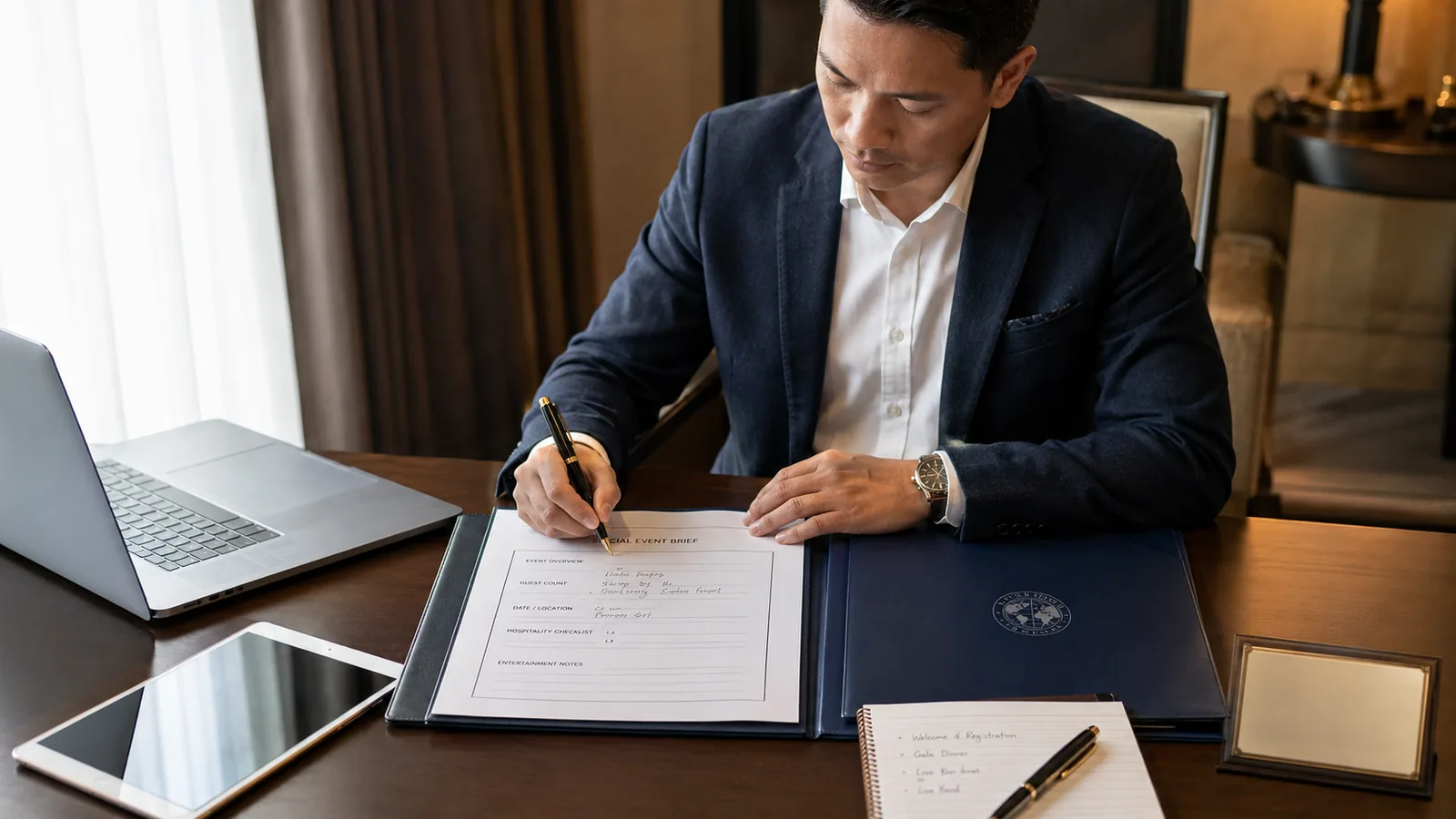 Representative visual of an official special event brief handoff with planning notes and proposal folder.